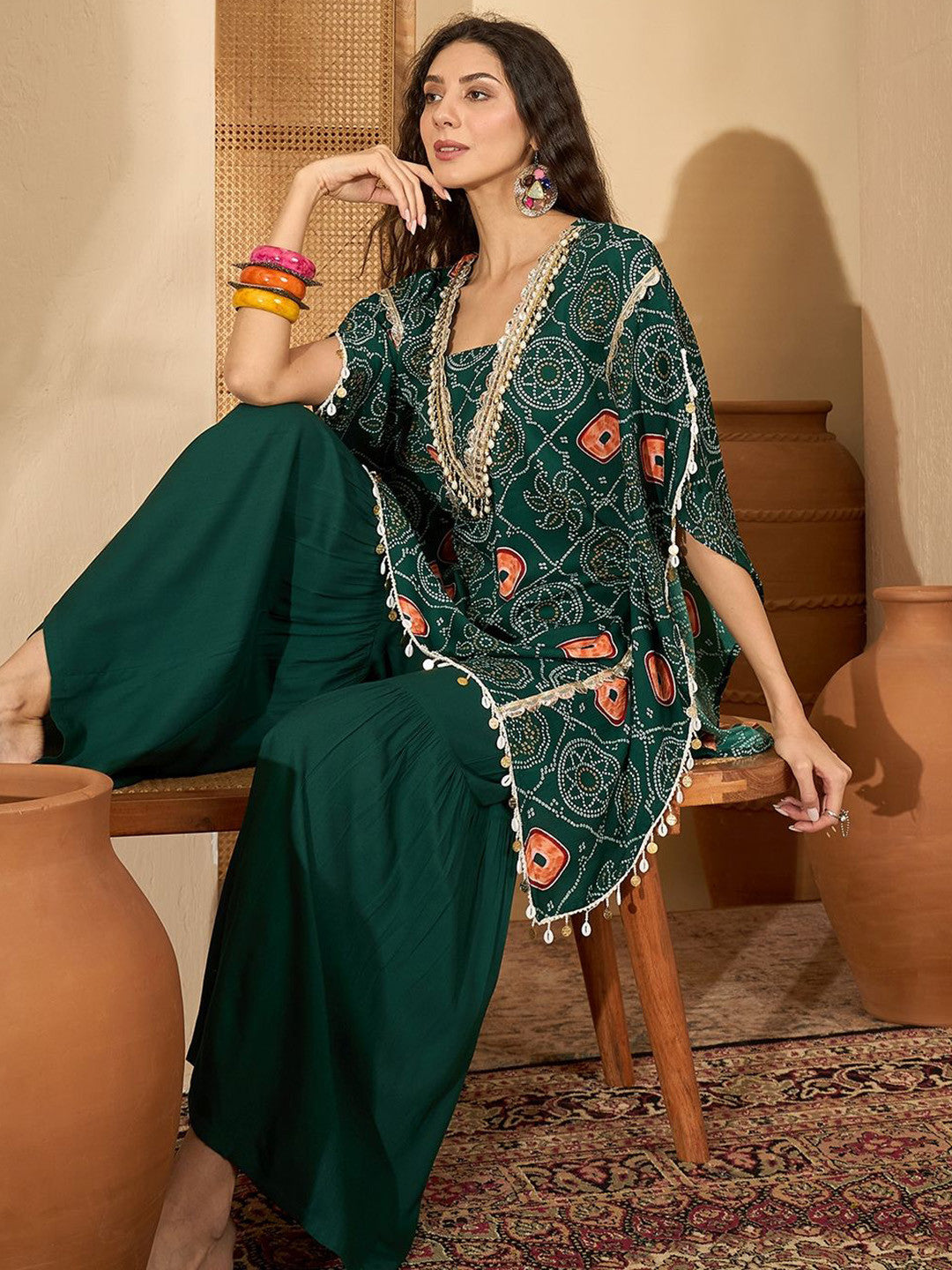 bandhani Printed Square Neck Beads And Stones Kaftan Kurti With Sharara