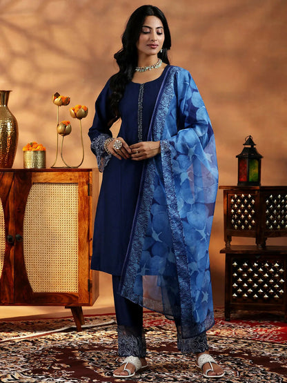 Women's LB Blue Yoke Design Silk Blend Straight Suit With Dupatta