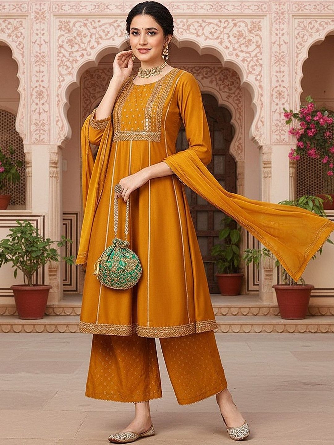 Dhiyona KL Ethnic Motifs Embroidered Panelled Gotta Patti Kurta & Palazzos With Dupatta