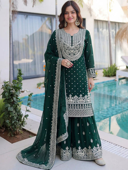 Dhiyona SN Embroidered Round Neck Straight Kurta & Sharara With Dupatta