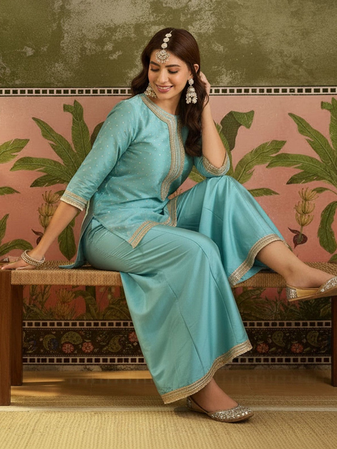 Woven Desig Round Neck Kurta & Palazzos With Dupatta
