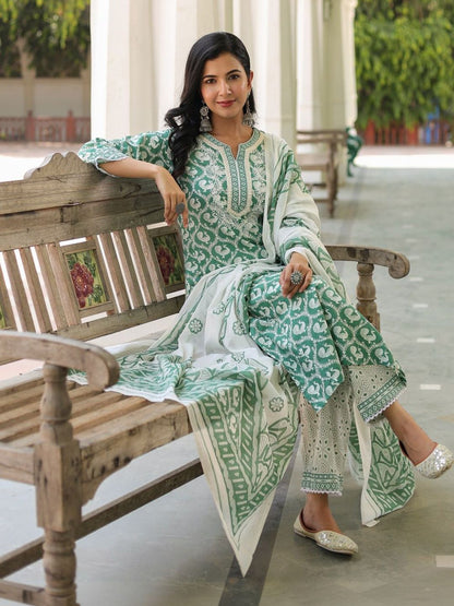 Dhiyona RR Women's Printed Pure Cotton Kurta with Trousers & With Dupatta