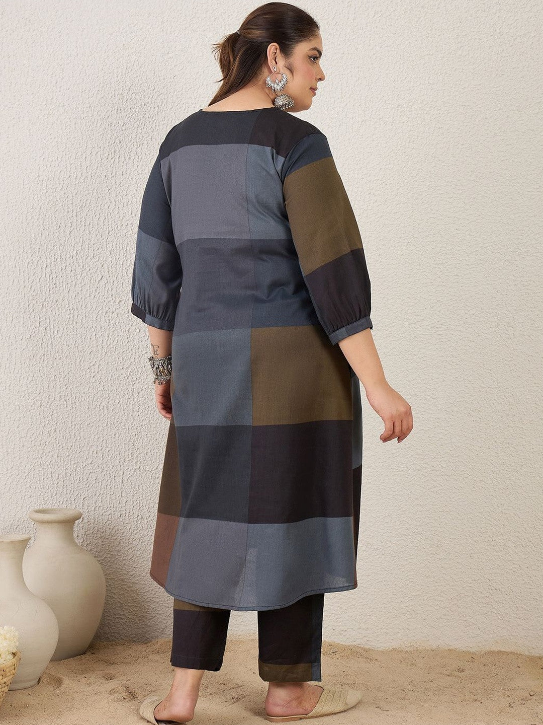 Plus Size blocked Regular Pure Cotton Kurta with Trousers