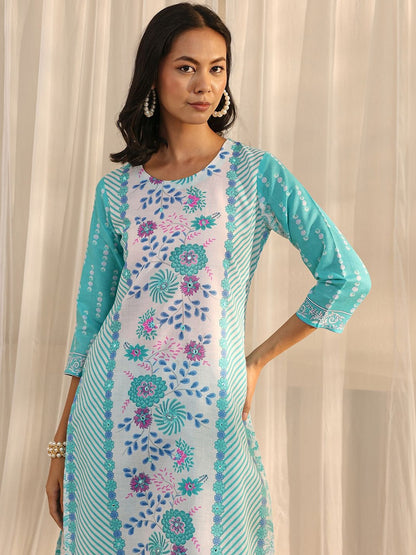 Libas Blue Floral Printed Straight Suit Set with Dupatta