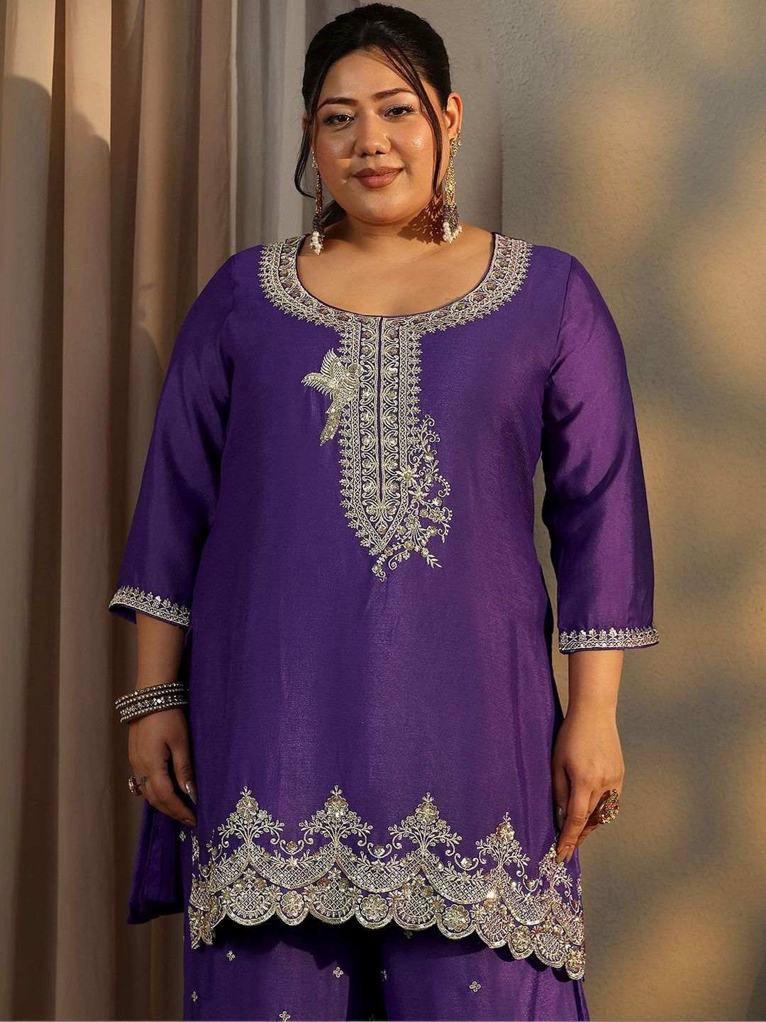 Dhiyona Women's Plus Size Ethnic Motifs Embroidered Kurta with Palazzo & Dupatta