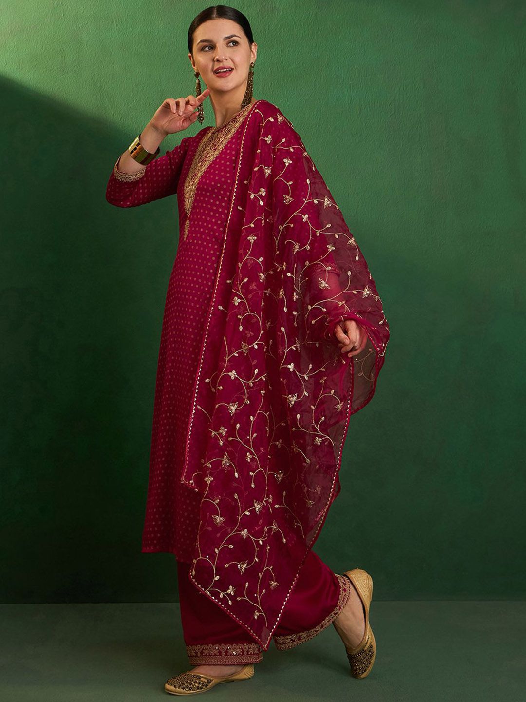 Dhiyona SN Bandhani Printed Round Neck Thread Work Satin Kurta With Palazzo & Dupatta