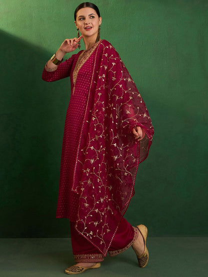 Dhiyona SN Bandhani Printed Round Neck Thread Work Satin Kurta With Palazzo & Dupatta