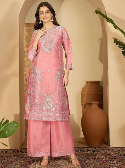 Dhiyona SN Floral Embroidered Sequinned Pure Silk Straight Kurta With Palazzo & Dupatta