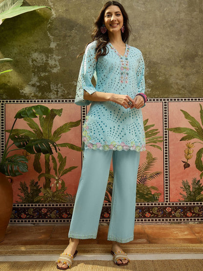 Embroidered Pure Cotton V-Neck Kurti & Trousers