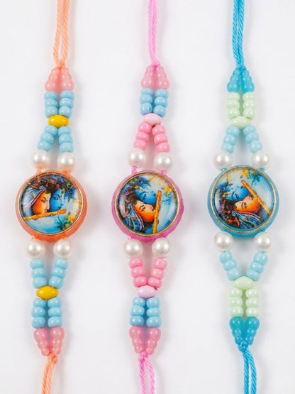 Dhiyona Set Of 3 Radha Krishna Thread Rakhi With Roli Chawal Chandan Mishri
