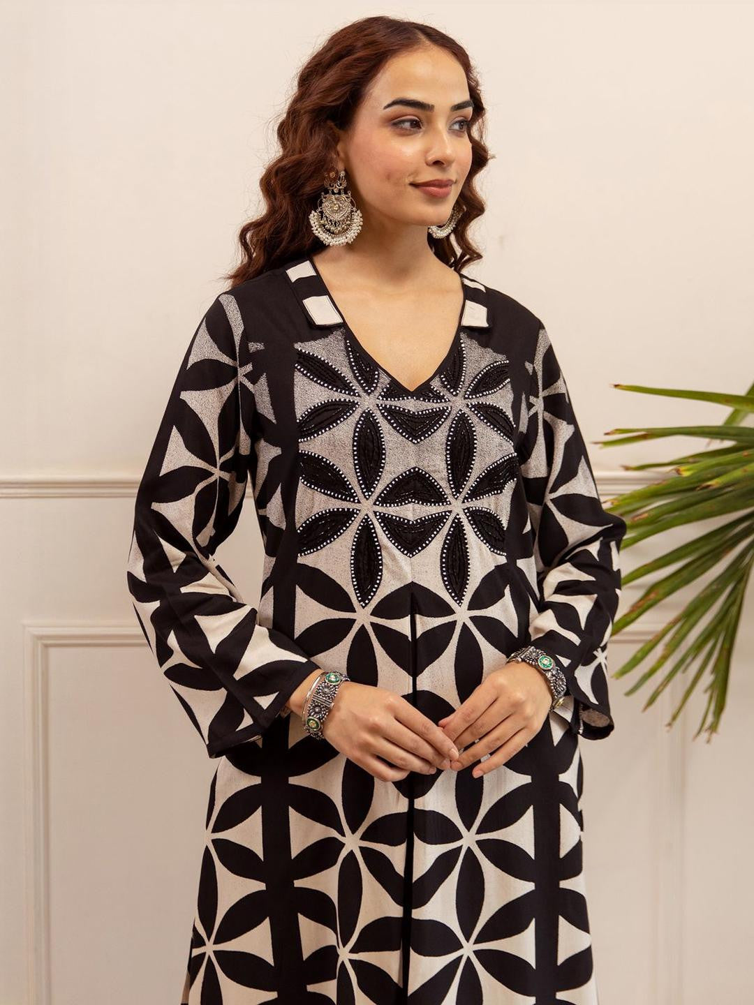 Printed A Line Beads and Stones Kurta With Palazzos