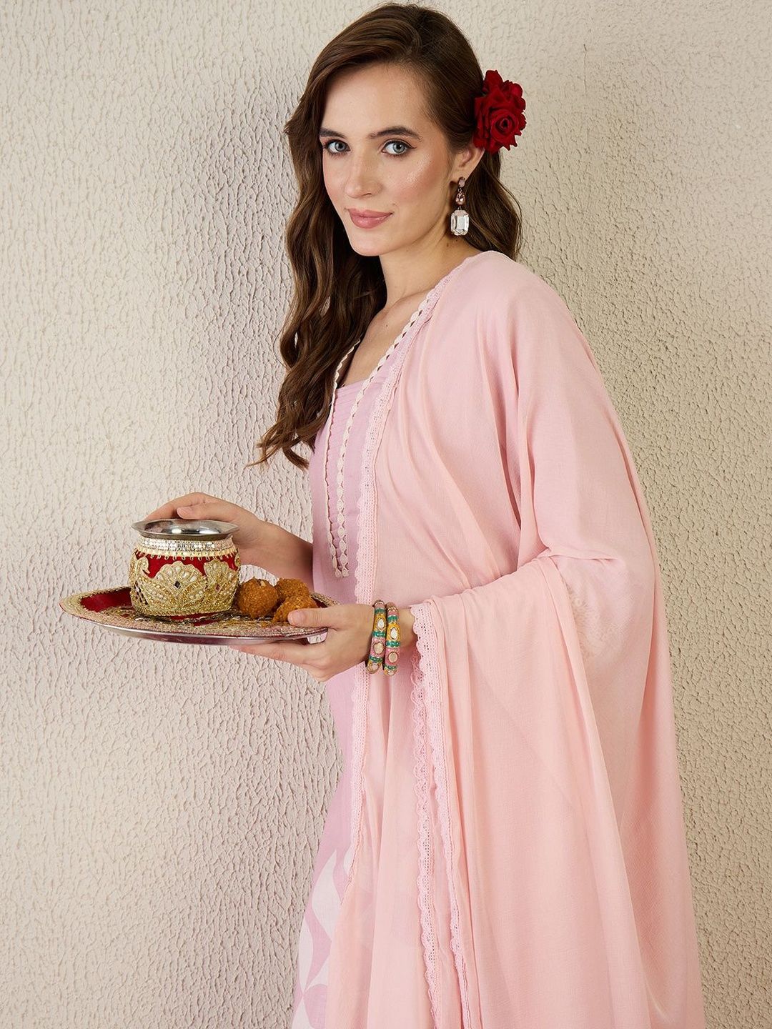 Women Floral Printed Linen Kurta with Trousers & Dupatta
