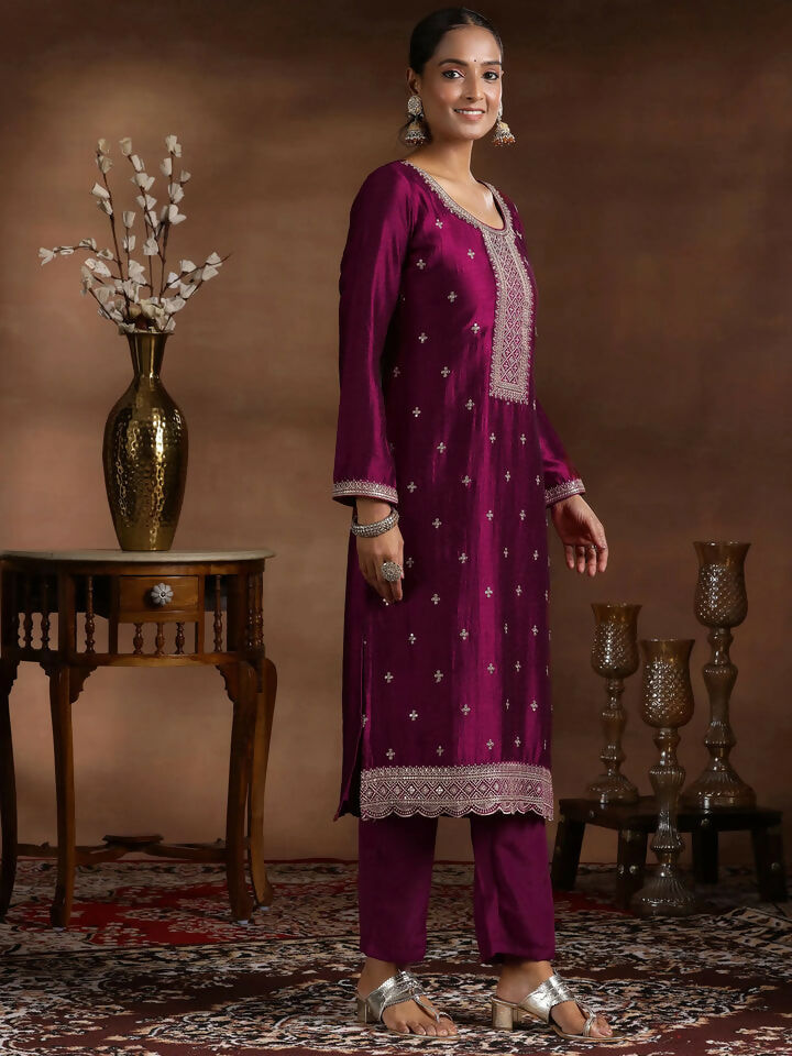 Women's LB Wine Embroidered Silk Blend Straight Suit With Dupatta