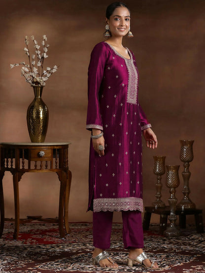 Women's LB Wine Embroidered Silk Blend Straight Suit With Dupatta