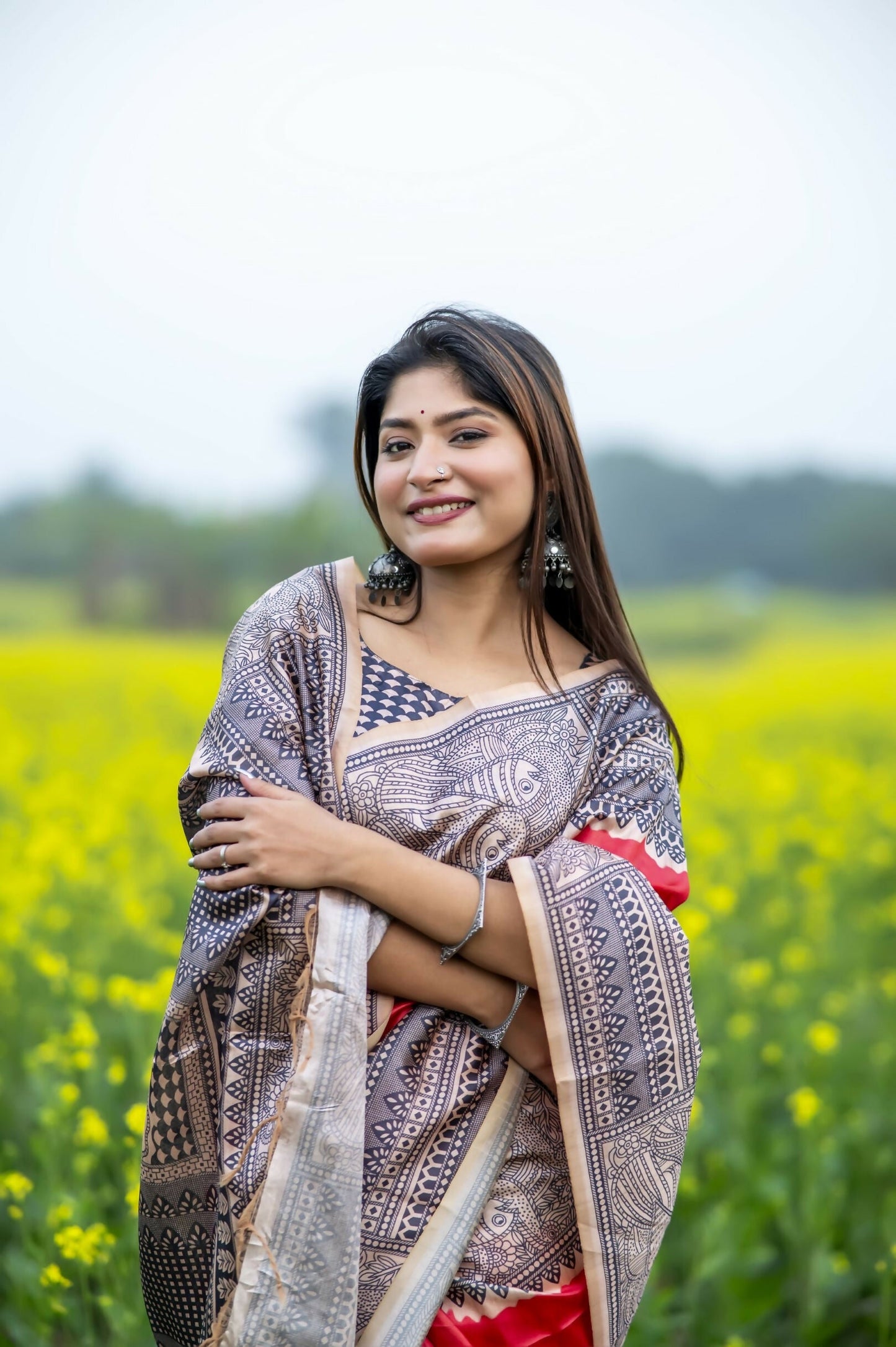 Women Yogita Madhubani 3 Red Saree With Unstiched Blouse