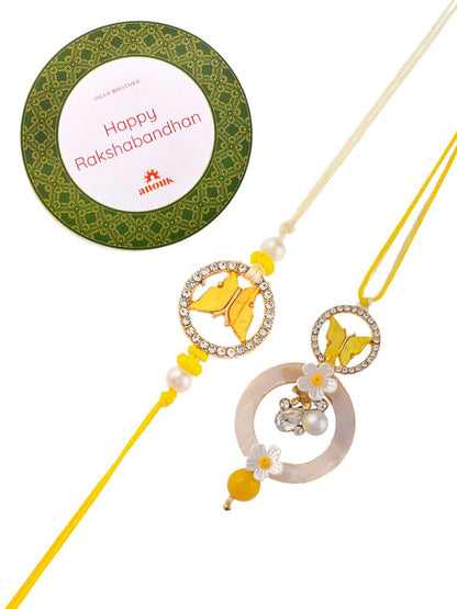Dhiyona Yellow Beaded Bhaiya Bhabhi Rakhi With Roli Chawal & Greeting Card
