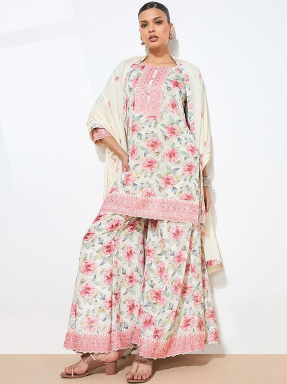 Dhiyona KL Women Floral Printed Regular Thread Work Kurta with Palazzos & With Dupatta