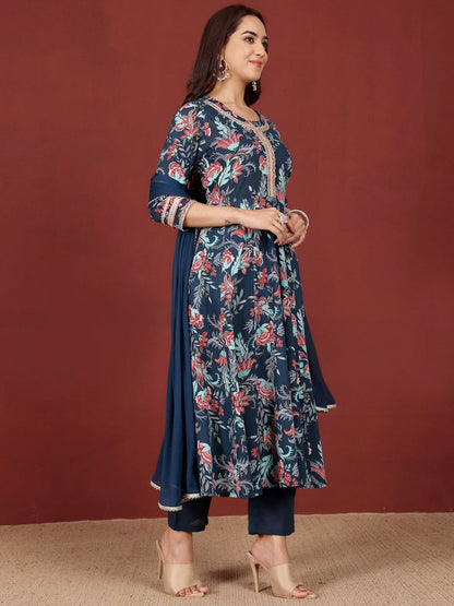 Dhiyona VA Women's Floral Printed Regular Pure Cotton Kurta with Trousers & With Dupatta