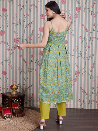 Dhiyona OD  Floral Printed Shoulder Straps Pure Cotton Anarkali Kurta