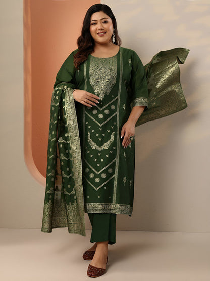 Dhiyona Women's Plus Size Ethnic Motifs Embroidered Kurta with Trousers & Dupatta