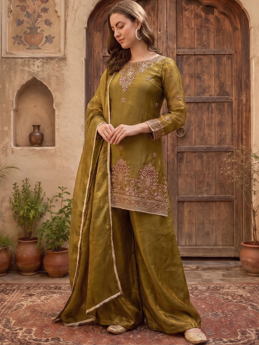 Women Ethnic Motifs Regular Thread Work Kurta with Palazzos & With Dupatta