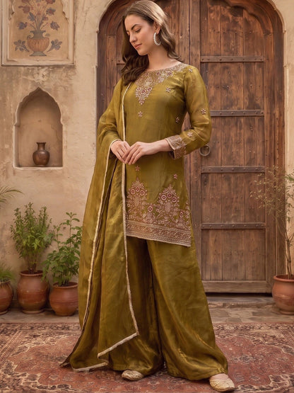 Women Ethnic Motifs Regular Thread Work Kurta with Palazzos & With Dupatta