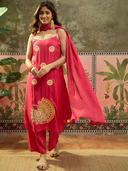 Embroidered Shoulder Straps Kurta & Trousers With Dupatta