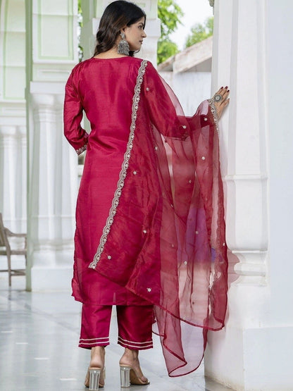 Women Embroidered Regular Kurta with Trousers & With Dupatta