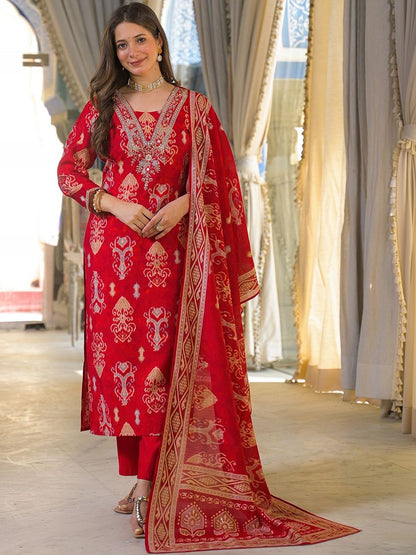 Dhiyona KL Women Ethnic Motifs Printed Regular Thread Work Kurta with Trousers & With Dupatta