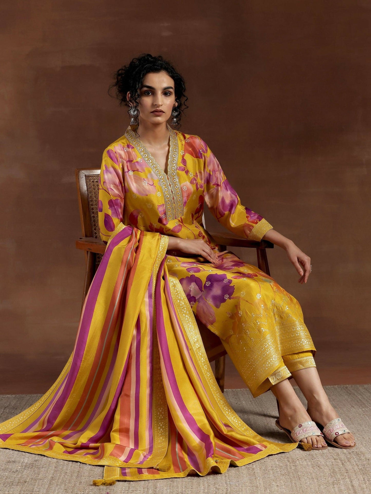 Women's LB Mustard Printed Silk Blend Straight Suit With Dupatta