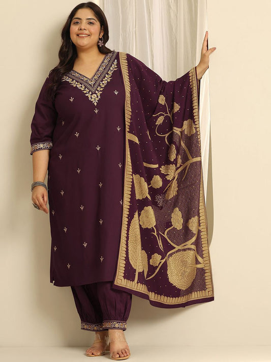 Dhiyona Women's Plus Size Ethnic Motifs Embroidered Kurta with Salwar & Dupatta