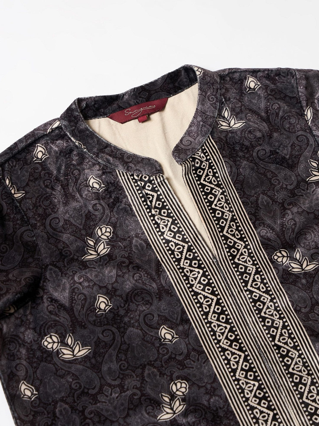 Winter Printed Velvet Mandarin Collar Straight Kurta & Trousers
