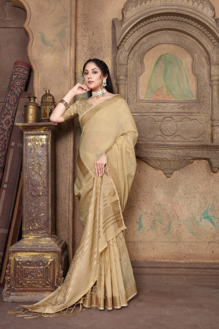Dhiyona GR Women's Canvas Hazelnut Beige Soft Linen Solid Woven Saree