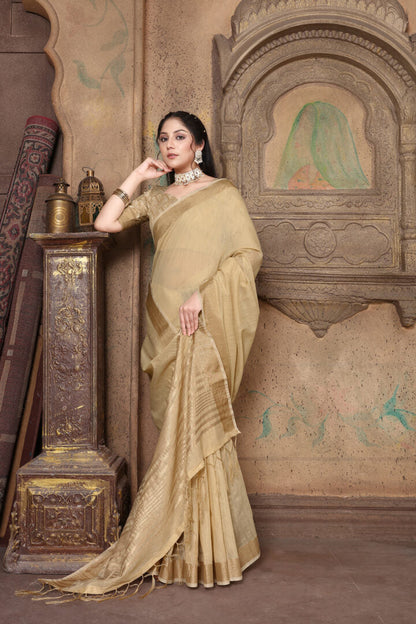 Dhiyona GR Women's Canvas Hazelnut Beige Soft Linen Solid Woven Saree