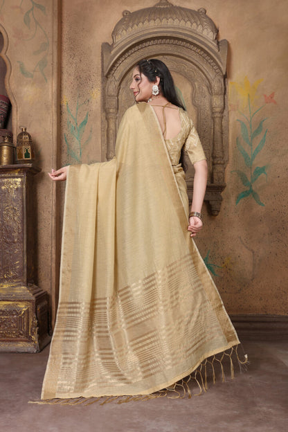 Dhiyona GR Women's Canvas Hazelnut Beige Soft Linen Solid Woven Saree