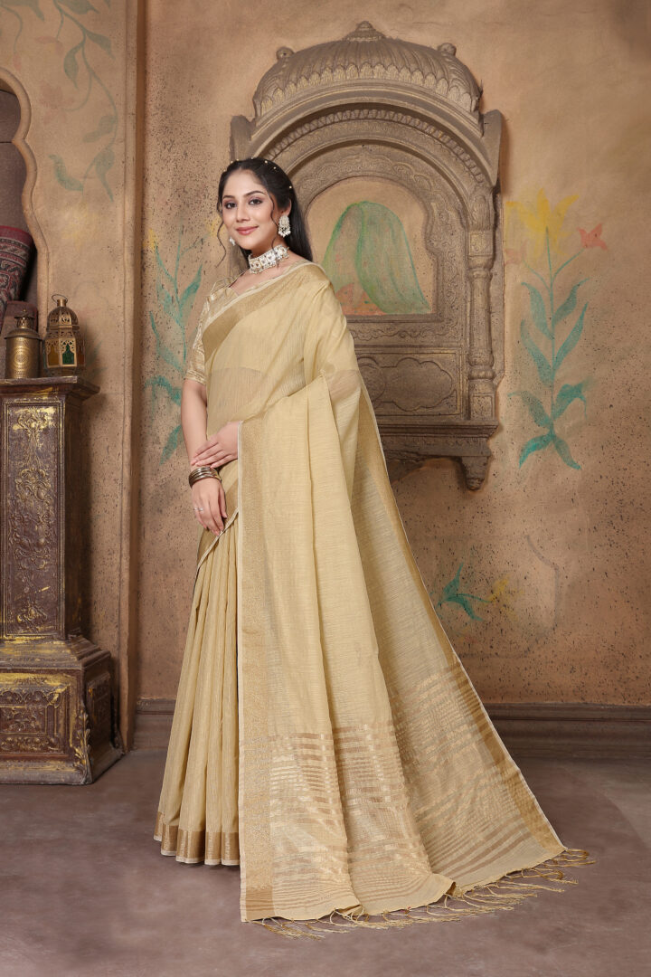 Dhiyona GR Women's Canvas Hazelnut Beige Soft Linen Solid Woven Saree
