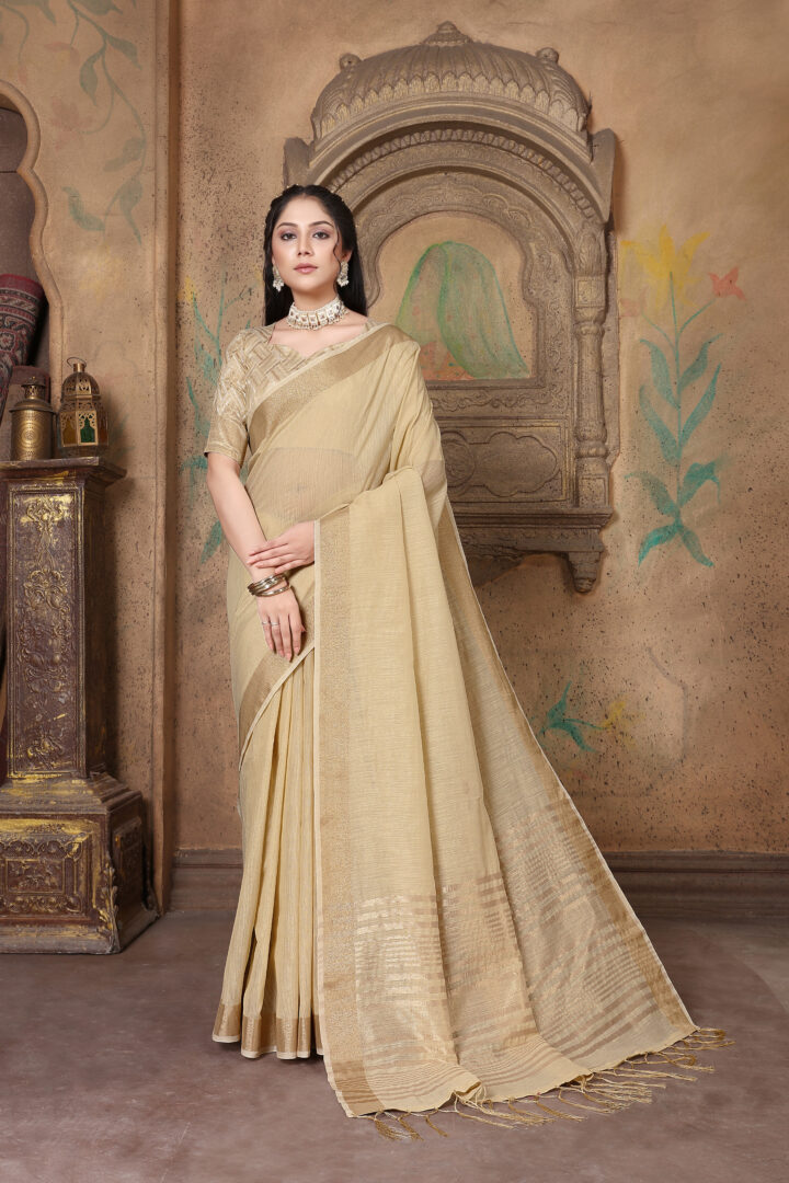Dhiyona GR Women's Canvas Hazelnut Beige Soft Linen Solid Woven Saree