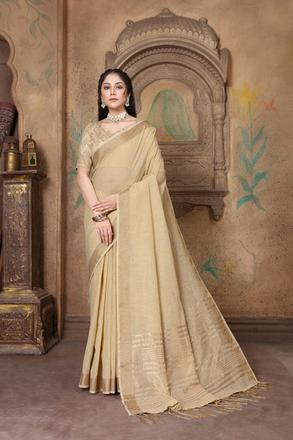 Dhiyona GR Women's Canvas Hazelnut Beige Soft Linen Solid Woven Saree