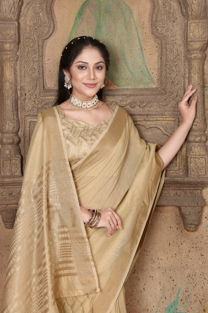 Dhiyona GR Women's Canvas Hazelnut Beige Soft Linen Solid Woven Saree