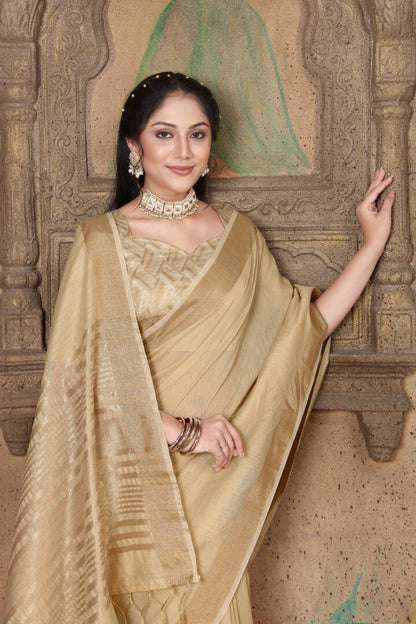 Dhiyona GR Women's Canvas Hazelnut Beige Soft Linen Solid Woven Saree