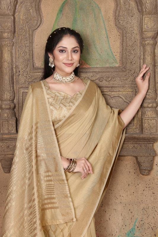 Dhiyona GR Women's Canvas Hazelnut Beige Soft Linen Solid Woven Saree