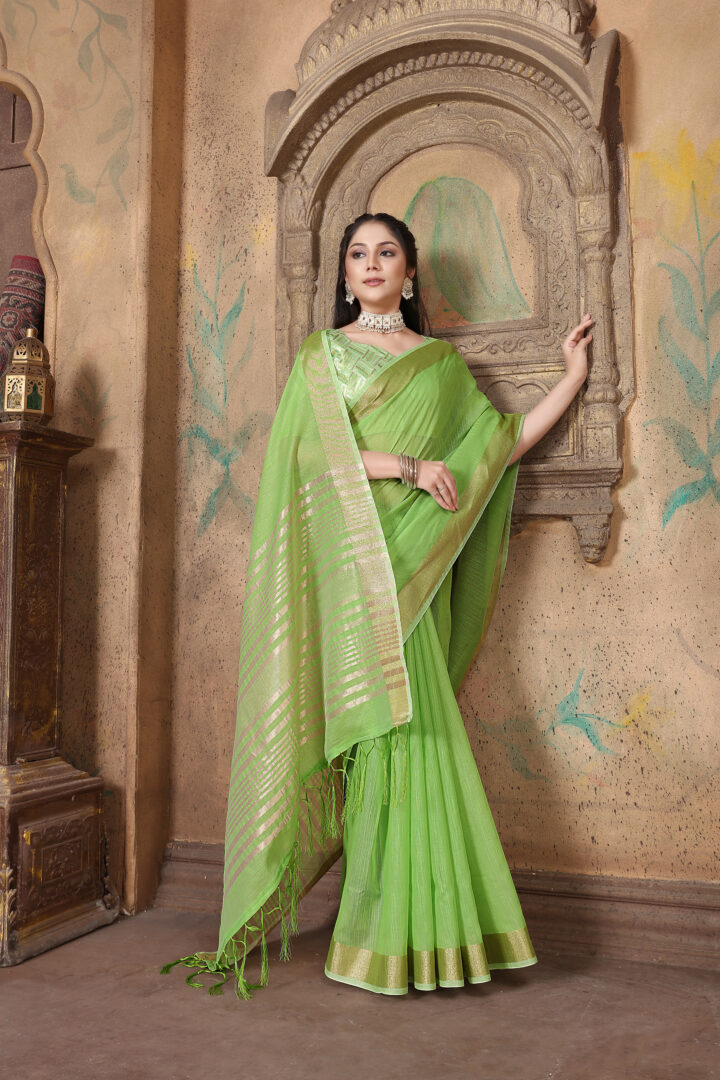 Dhiyona GR Women's Canvas Grass Green Soft Linen Solid Woven Saree
