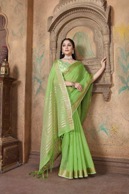 Dhiyona GR Women's Canvas Grass Green Soft Linen Solid Woven Saree