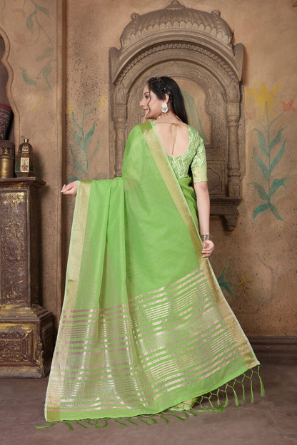 Dhiyona GR Women's Canvas Grass Green Soft Linen Solid Woven Saree