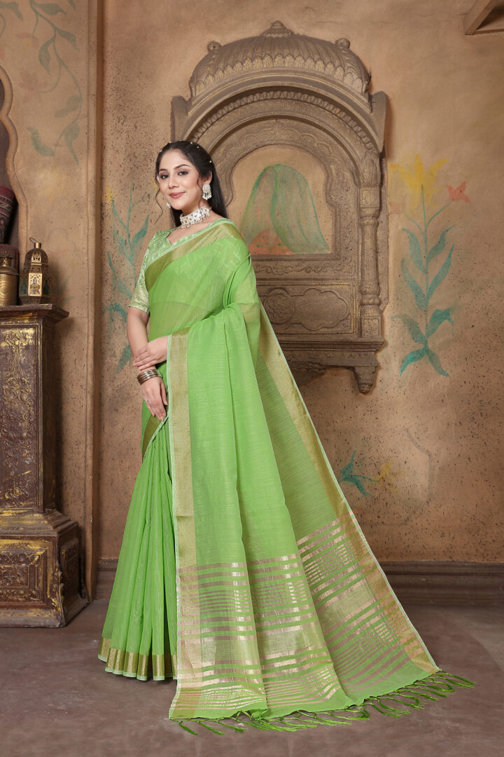 Dhiyona GR Women's Canvas Grass Green Soft Linen Solid Woven Saree