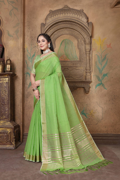 Dhiyona GR Women's Canvas Grass Green Soft Linen Solid Woven Saree