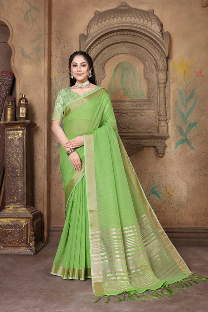 Dhiyona GR Women's Canvas Grass Green Soft Linen Solid Woven Saree