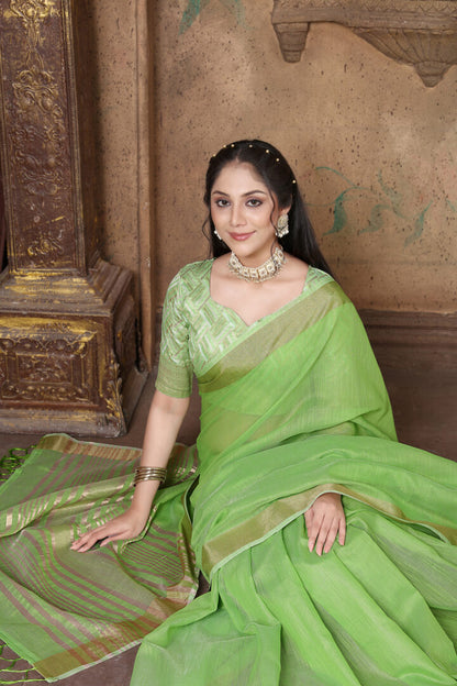 Dhiyona GR Women's Canvas Grass Green Soft Linen Solid Woven Saree