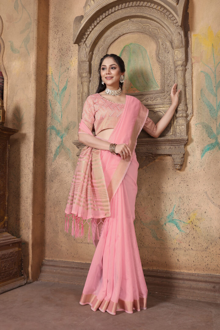Dhiyona GR Women's Canvas Delicate Rose Pink Soft Linen Solid Woven Saree