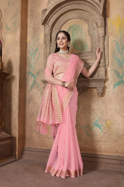 Dhiyona GR Women's Canvas Delicate Rose Pink Soft Linen Solid Woven Saree